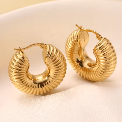 Stainless Steel Stylish Waterproof Jewelry PVD 18K Gold Plated Verbal Chunky Thick Hollow out Croissant Dome Hoop Earrings